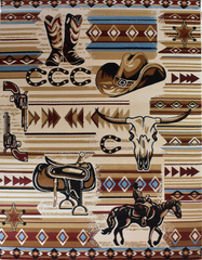 A rectangular area rug with a western theme, featuring illustrations of cowboy boots, a cowboy hat, a longhorn skull, a saddle, a horse, and western patterns on a beige background.