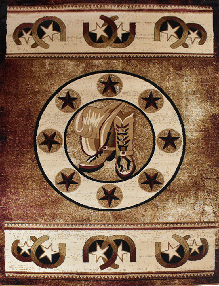 A rectangular western-style rug with a distressed brown and beige design, featuring a central boot motif inside a circle surrounded by stars, with matching star-and-horse motifs at the top and bottom borders.