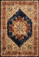 A traditional oriental-style area rug with a complex geometric medallion pattern, featuring a dark navy blue center, warm beige and gold fields, and a wide red and brown ornate border.